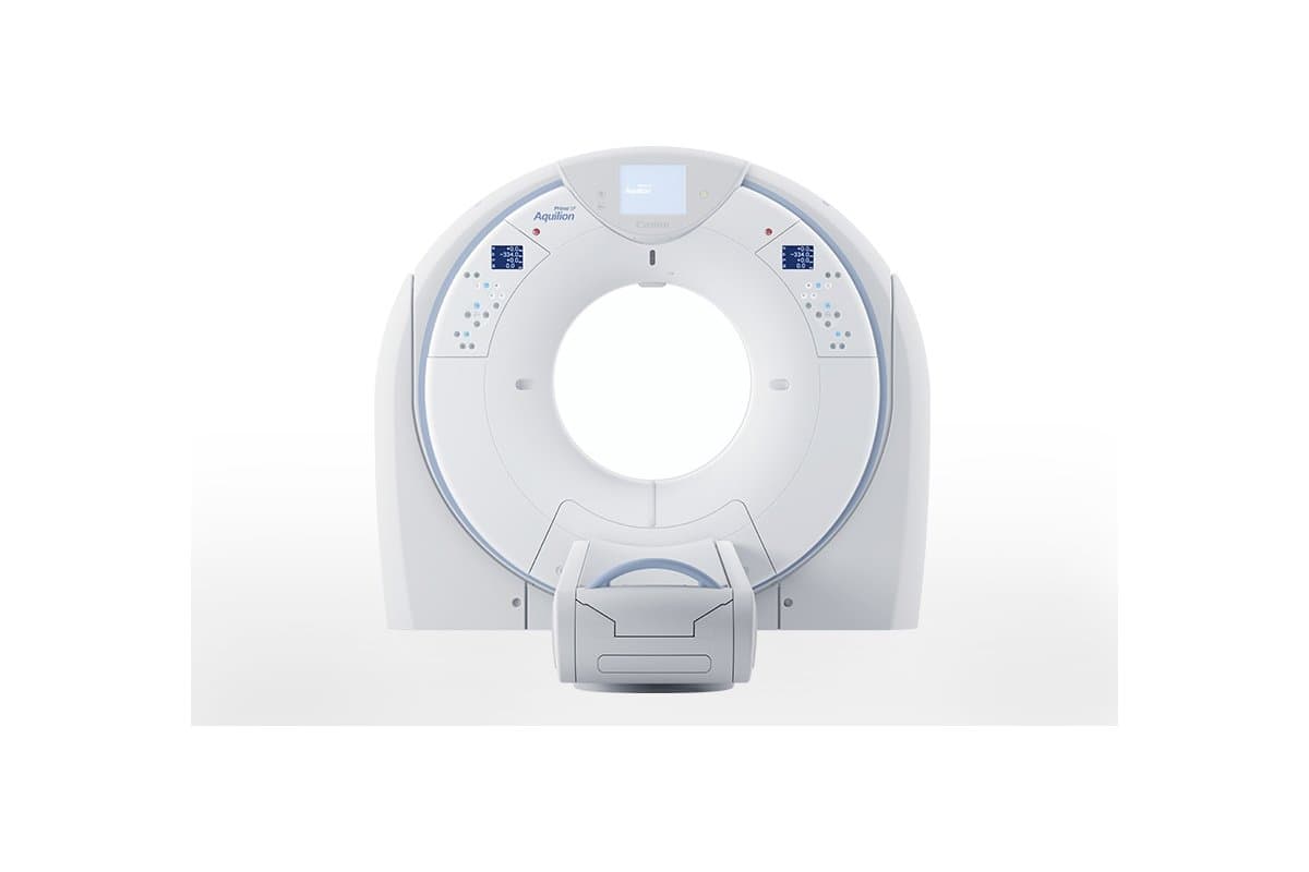 A Canon Medical Aquilion Prime SP CT scanner, front view of the gantry