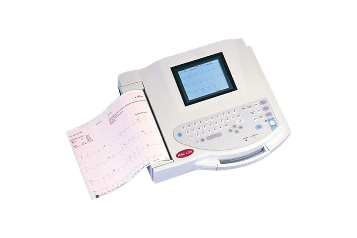 A GE MAC 1200 ECG machine printing a twelve-lead tracing