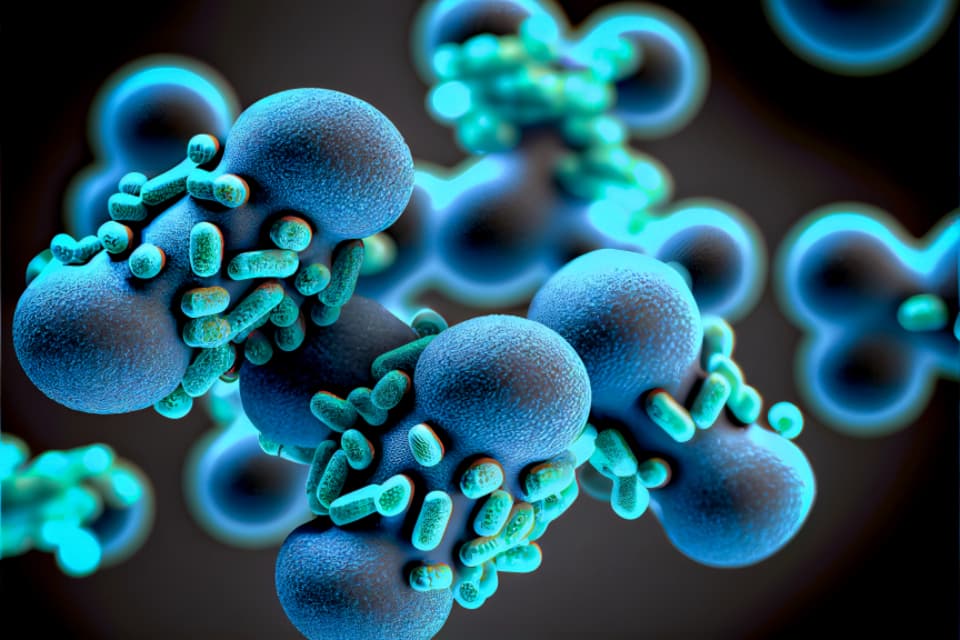 A magnified view of cells and bacteria under laboratory lighting